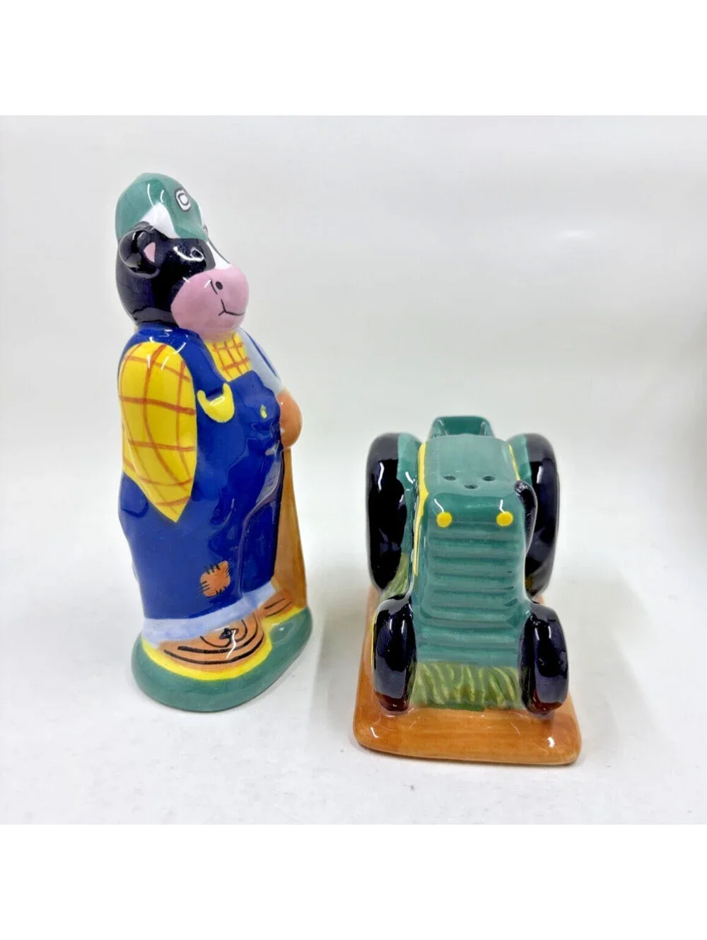 Vintage 1990's Cow Farmer Green Tractor Salt Pepper Shakers Ceramic Novelty